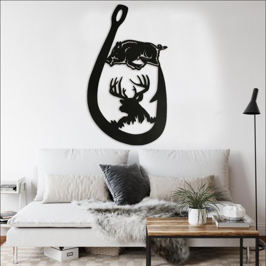 Fish Hook Stag Boar Sign Fishing Wall Art