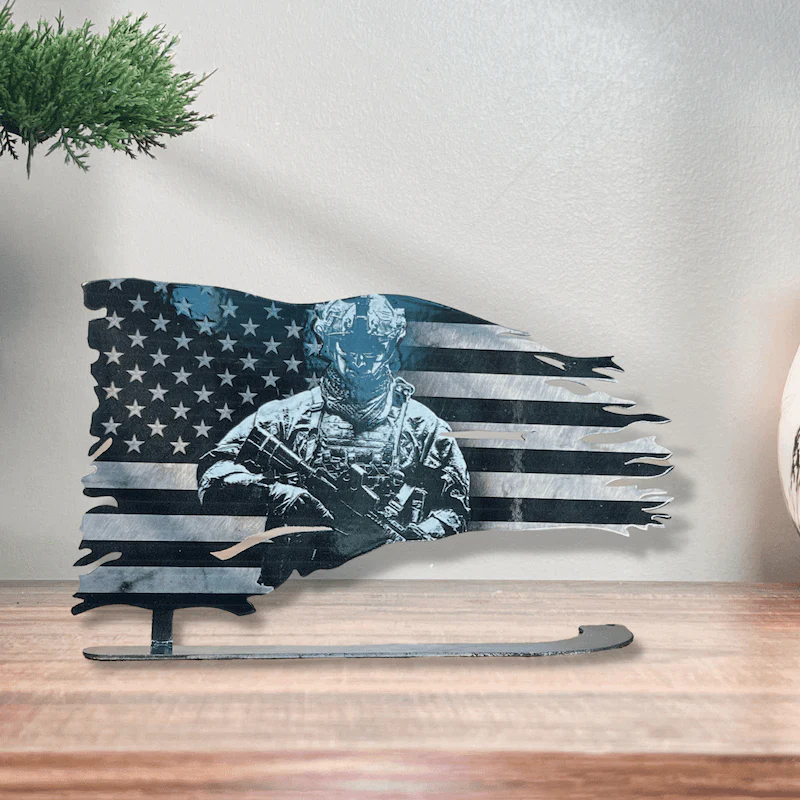 Distressed Soldier Flag - Pop-Up Stand (UV Steel)