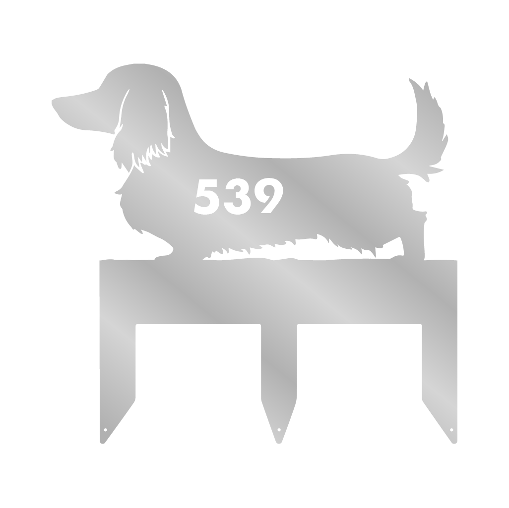 Longhaired standard dachshund dog address stake